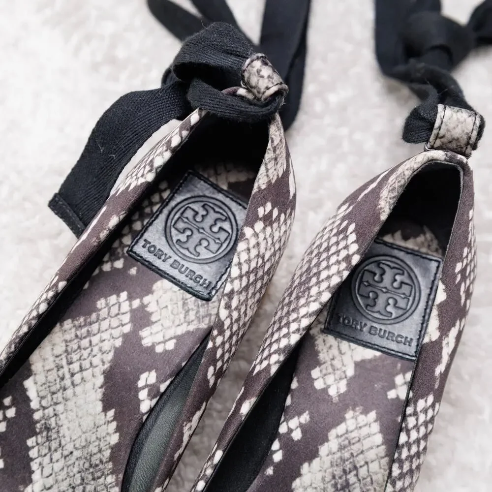 Tory Burch Heather Black Snakeprint Ankle Wrap Satin Wedges Espadrilles Womens 7